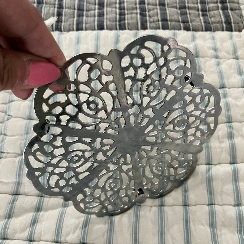 Two Mid-Century Scrollwork Hot Plate Trivets Ornate Silver Retro Filigree Floral
